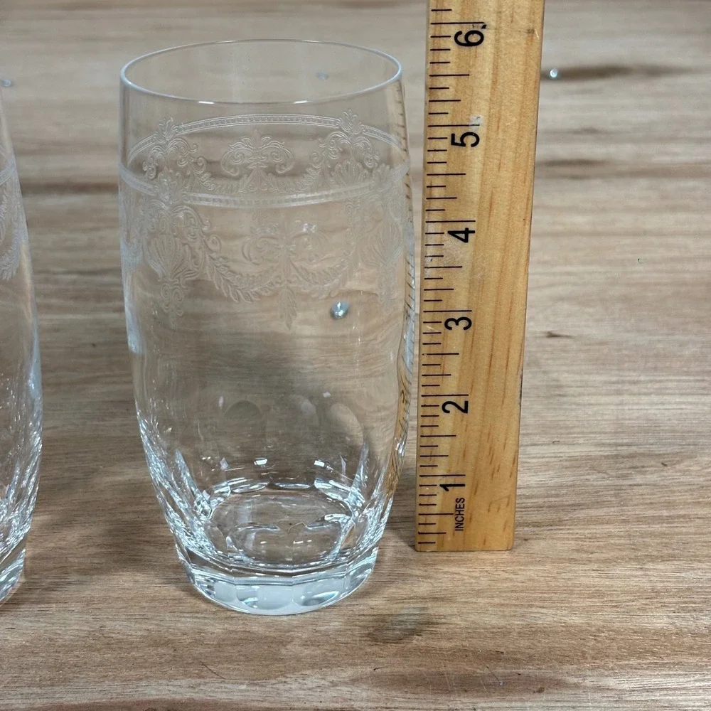 Vintage Etched Crystal Highball Glasses Set of 3 Damask Scrollwork Tumblers